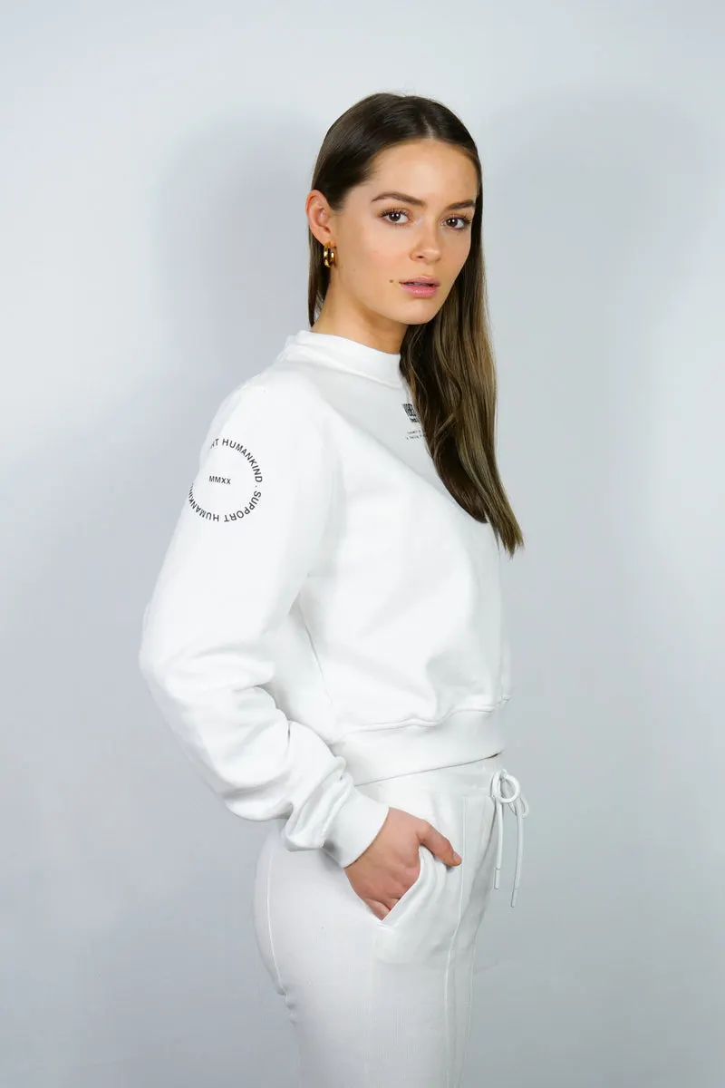 SUPPORT HUMANKIND WHITE CROPPED SWEATSHIRT