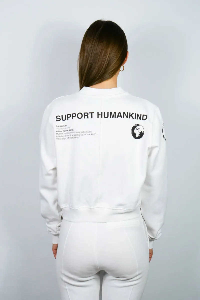 SUPPORT HUMANKIND WHITE CROPPED SWEATSHIRT